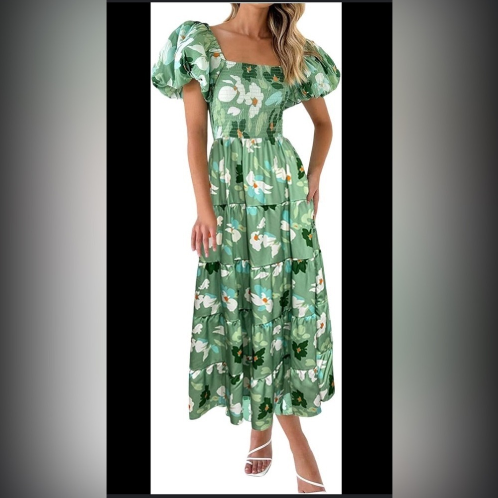 Deli S Puffy Short Sleeve Square Neck Smocked Tiered Ruffle Midi Dress Size 6